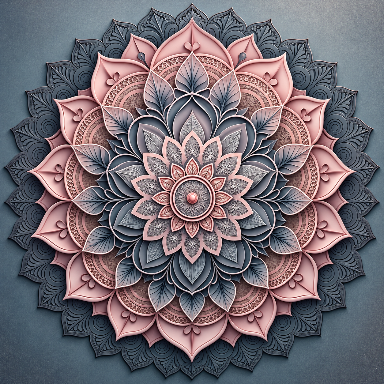 Mandala floral Shanti en tonos rosa cuarzo y azul pizarra, símbolo central de los Registros Akáshicos
